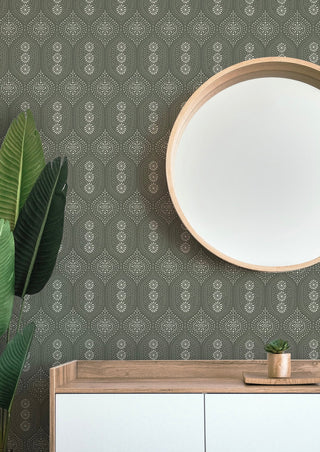 Holloway Floral Geometry green Peel and Stick Wallpaper entryway from Say Decor