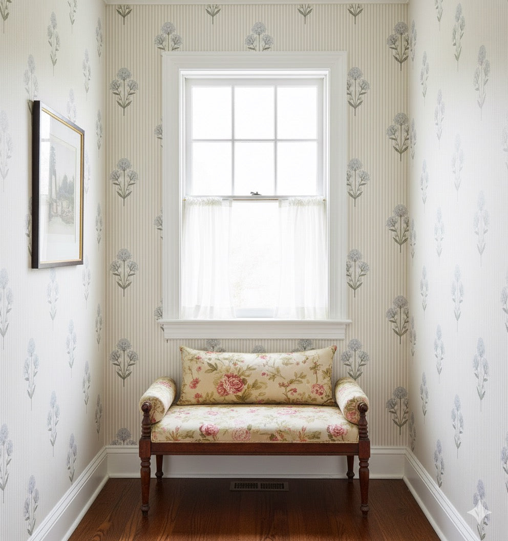 Susannah Neutral Floral Peel and Stick Wallpaper Entryway from Say Decor