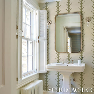 5006058 Schumacher Olive Acanthus Stripe Sisal Grasscloth Unpasted Wallpaper Bathroom from Say Decor
