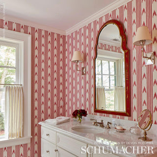 5009221 Schumacher Pink Santa Barbara Ikat Striped Unpasted Wallpaper Bathroom at Say Decor