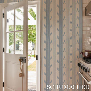 5009223 Schumacher China Blue Santa Barbara Ikat Striped Unpasted Wallpaper Kitchen at Say Decor