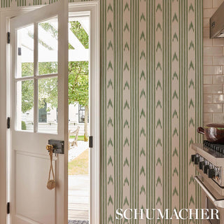 5009224 Schumacher Leaf Green Santa Barbara Ikat Striped Unpasted Wallpaper Kitchen at Say Decor