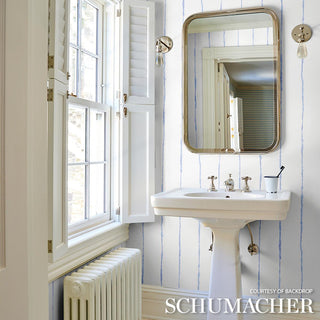 5014870 Schumacher x Backdrop Cornflower Ephemera Striped Unpasted Wallpaper Bathroom at Say Decor
