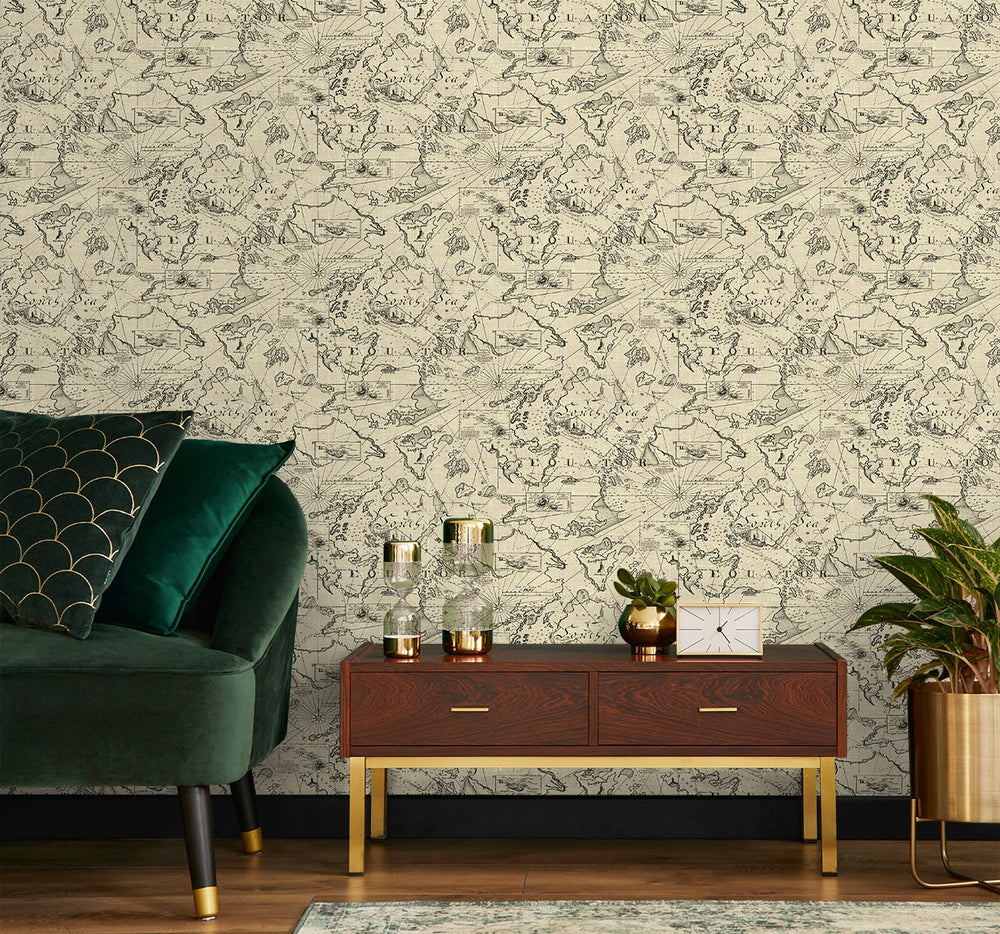 802961WR Charted Course peel and stick wallpaper living room from Tommy Bahama