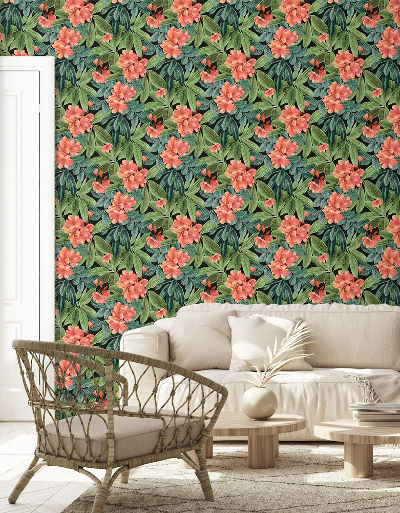 802971WR Darwin Floral peel and stick wallpaper living room from Tommy Bahama