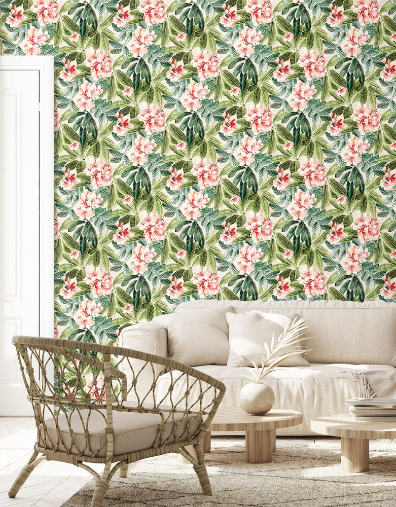 802972WR Darwin Floral peel and stick wallpaper living room from Tommy Bahama