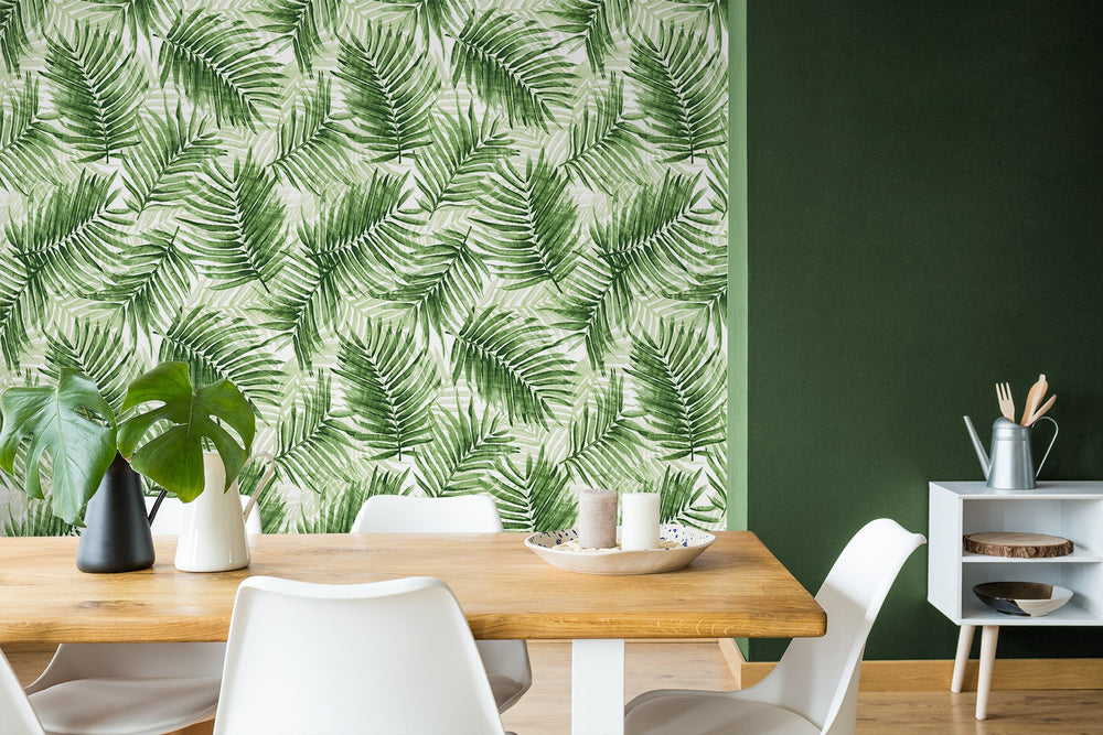 802980WR palm leaf peel and stick wallpaper dining room from Tommy Bahama