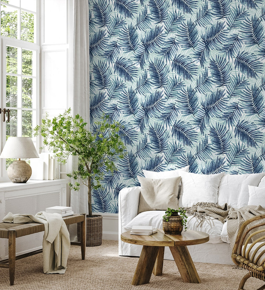 802981WR palm leaf peel and stick wallpaper living room from Tommy Bahama