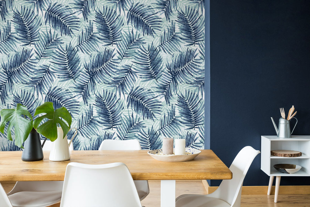 802981WR palm leaf peel and stick wallpaper dining room from Tommy Bahama