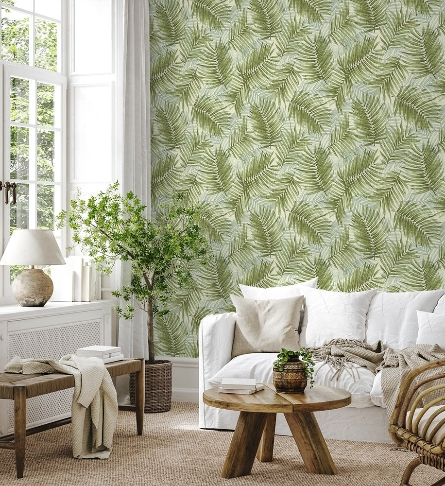 802982WR palm leaf peel and stick wallpaper living room from Tommy Bahama