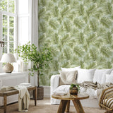 802982WR palm leaf peel and stick wallpaper living room from Tommy Bahama
