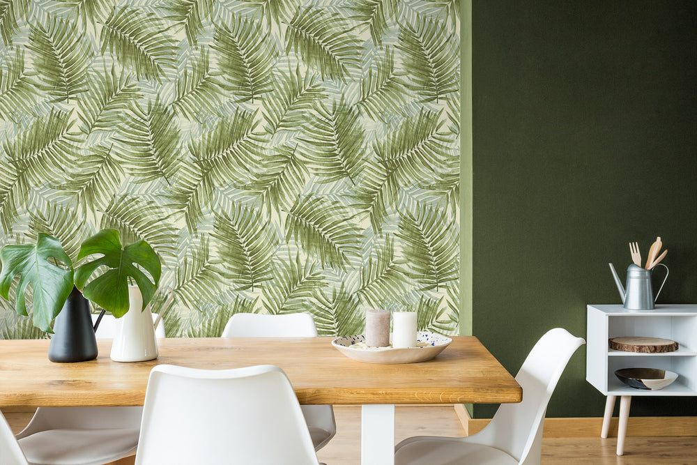 802982WR palm leaf peel and stick wallpaper dining room from Tommy Bahama
