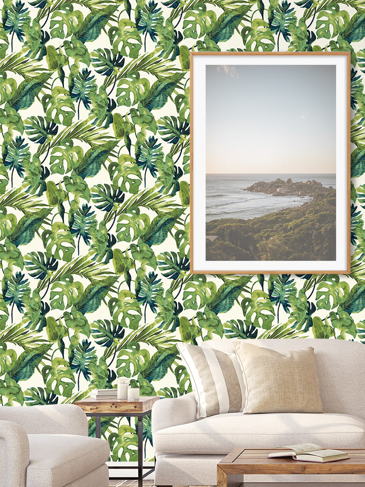 802990WR leaf peel and stick wallpaper living room from Tommy Bahama