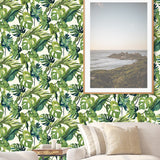 802990WR leaf peel and stick wallpaper living room from Tommy Bahama