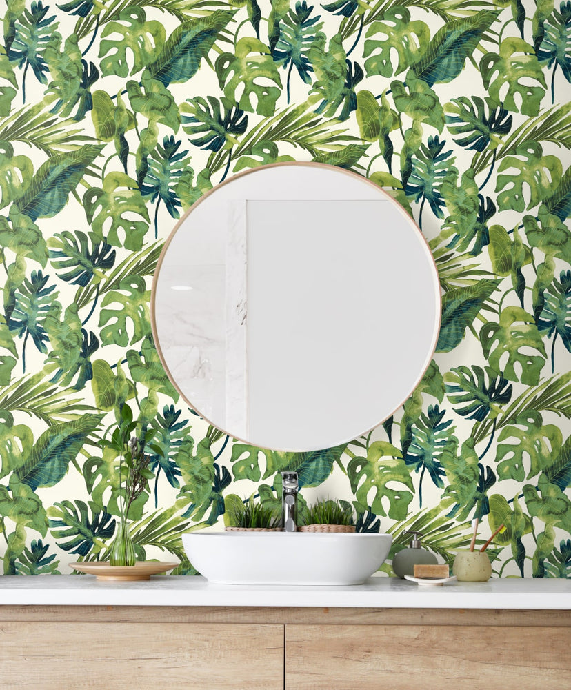 802990WR leaf peel and stick wallpaper bathroom from Tommy Bahama