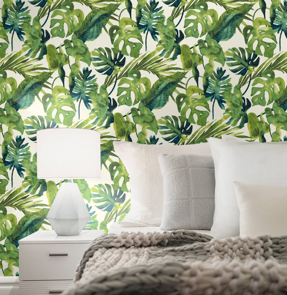 802990WR leaf peel and stick wallpaper bedroom from Tommy Bahama