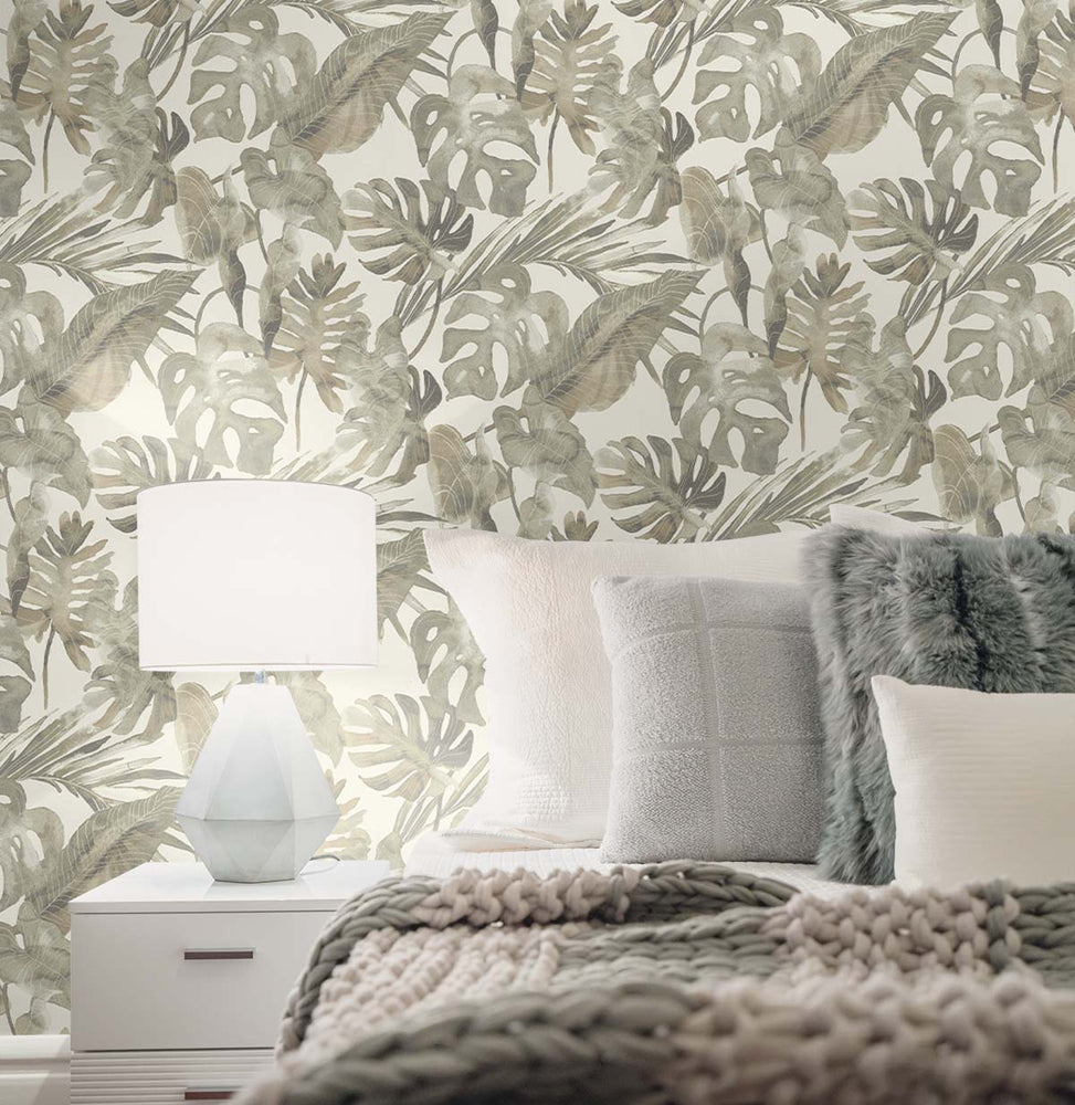802991WR leaf peel and stick wallpaper bedroom from Tommy Bahama