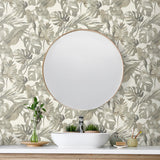 802991WR leaf peel and stick wallpaper bathroom from Tommy Bahama