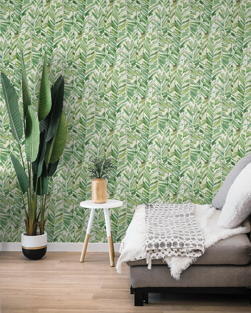 880040WR botanical leaf peel and stick wallpaper living room Chillin Out from Tommy Bahama Home
