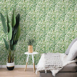 880040WR botanical leaf peel and stick wallpaper living room Chillin Out from Tommy Bahama Home
