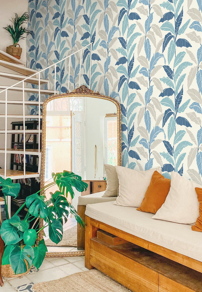 880080WR Leafy tropical botanical peel and stick wallpaper living room from Tommy Bahama Home