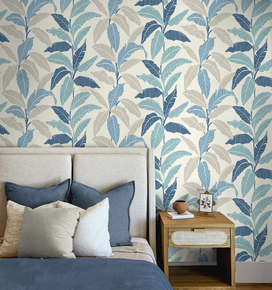 880080WR Leafy tropical botanical peel and stick wallpaper bedroom from Tommy Bahama Home