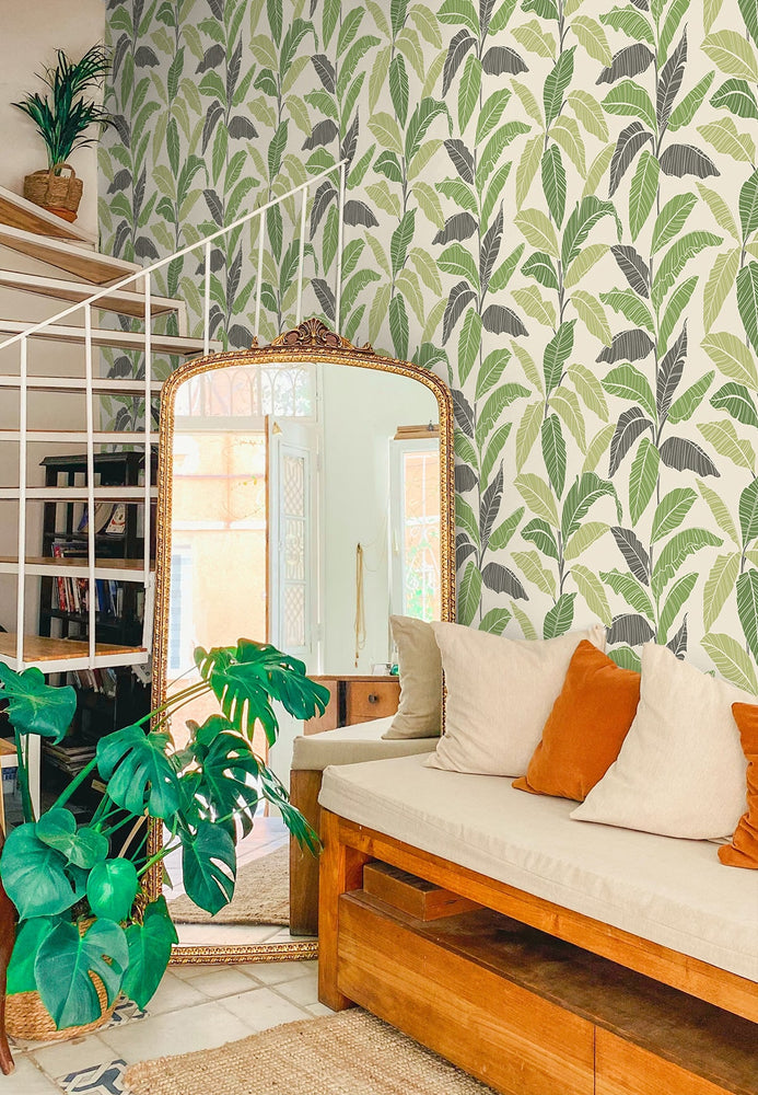 880081WR Leafy tropical botanical peel and stick wallpaper living room from Tommy Bahama Home