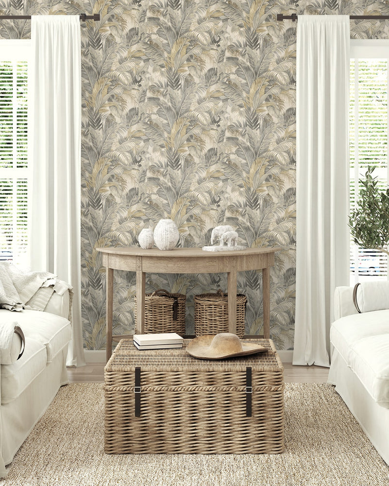 880100WR Nassau palm leaf peel and stick wallpaper living room from Tommy Bahama Home