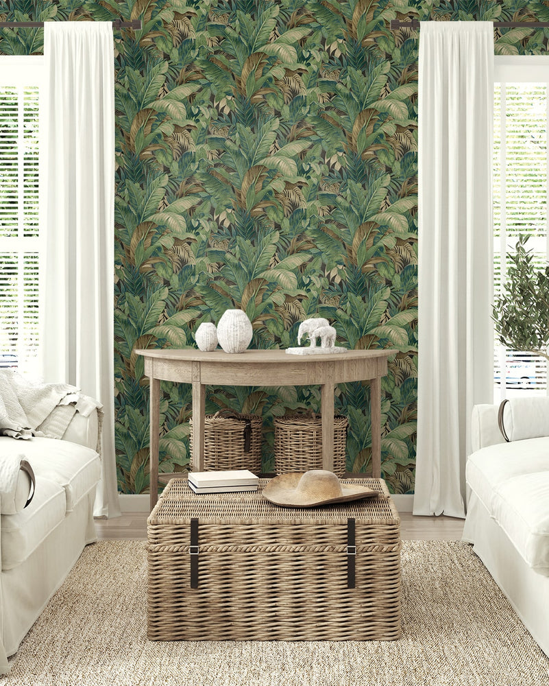 880101WR Nassau palm leaf peel and stick wallpaper living room from Tommy Bahama Home