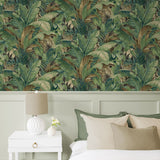 880101WR Nassau palm leaf peel and stick wallpaper bedroom from Tommy Bahama Home