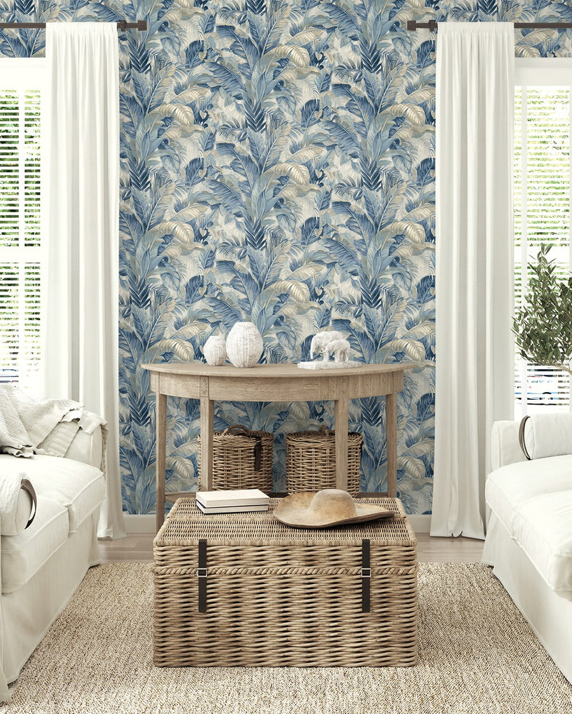 880102WR Nassau palm leaf peel and stick wallpaper living room from Tommy Bahama Home