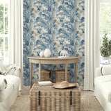 880102WR Nassau palm leaf peel and stick wallpaper living room from Tommy Bahama Home