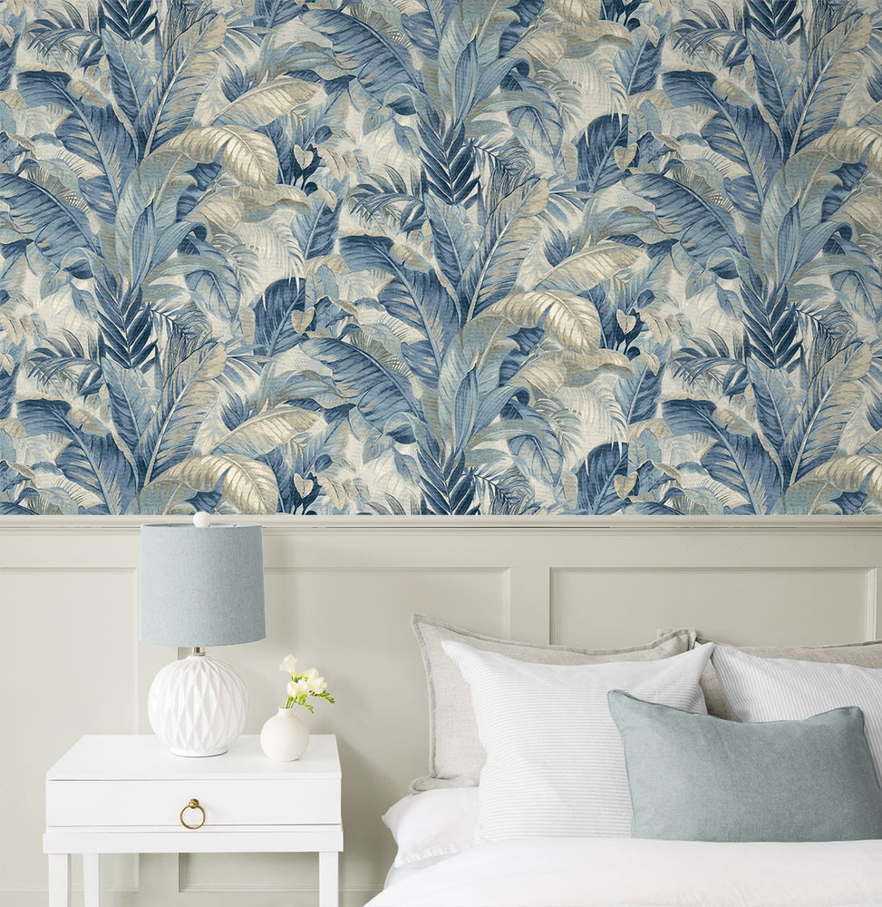 880102WR Nassau palm leaf peel and stick wallpaper bedroom from Tommy Bahama Home