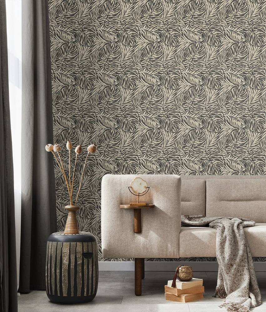 880160WR zebra leaf peel and stick wallpaper living room from Tommy Bahama Home