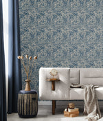 880161WR zebra leaf peel and stick wallpaper living room from Tommy Bahama Home