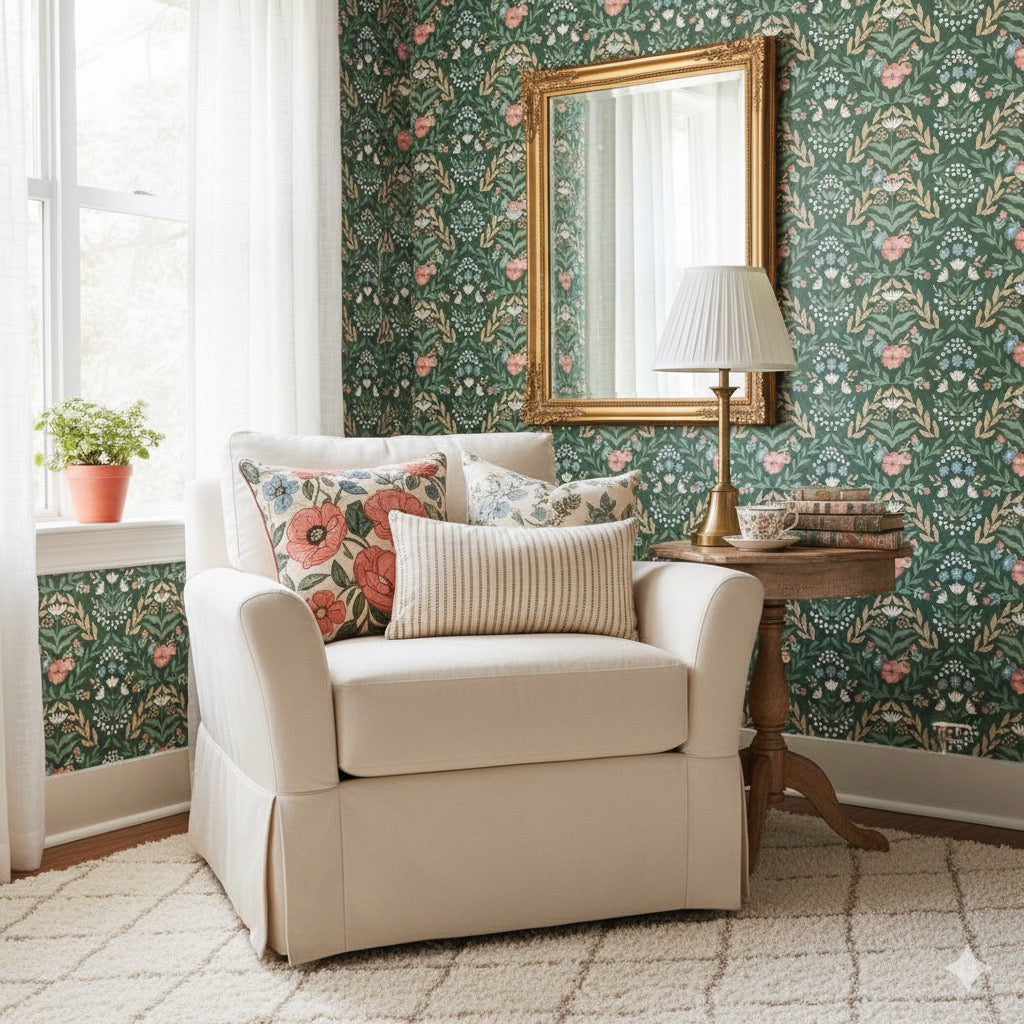 Green Zuri Floral Peel and Stick Wallpaper Living Room from Say Decor