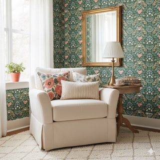 Green Zuri Floral Peel and Stick Wallpaper Living Room from Say Decor
