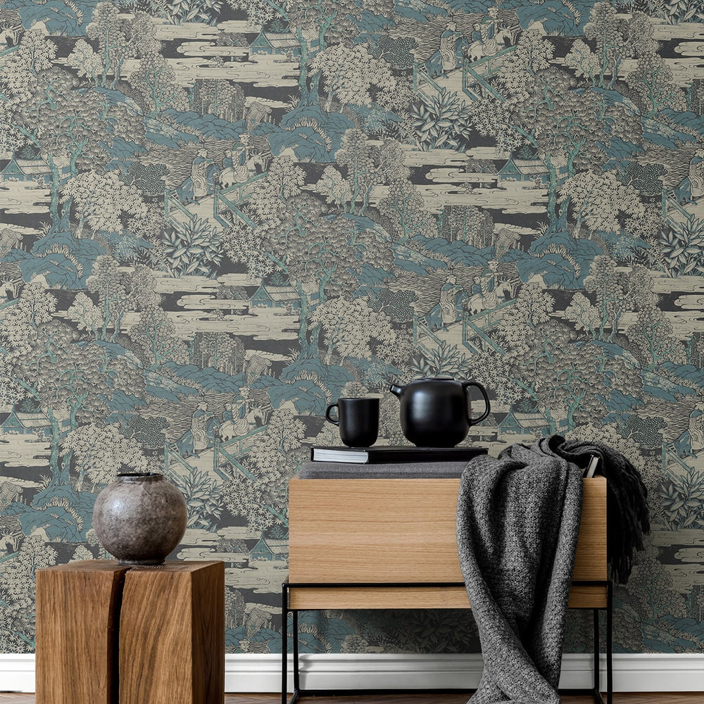 AF40804 toile wallpaper entryway from Seabrook Designs