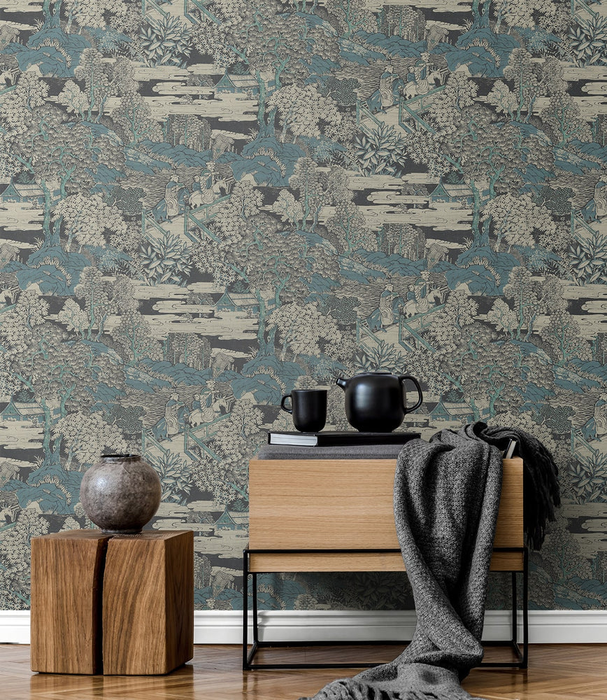 AF40804 toile wallpaper entryway from Seabrook Designs