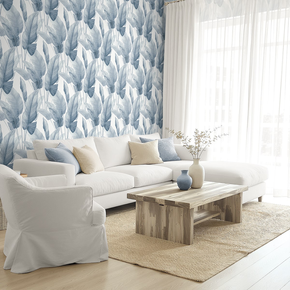 AG60002 Bali Tropical Mantra Palm Leaf Tropical Unpasted Wallpaper living room at Say Decor