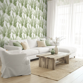 AG60004 Bali Tropical Mantra Palm Leaf Tropical Unpasted Wallpaper living room at Say Decor