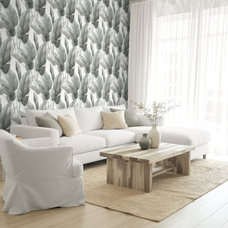 AG60010 Bali Tropical Mantra Palm Leaf Tropical Unpasted Wallpaper living room at Say Decor