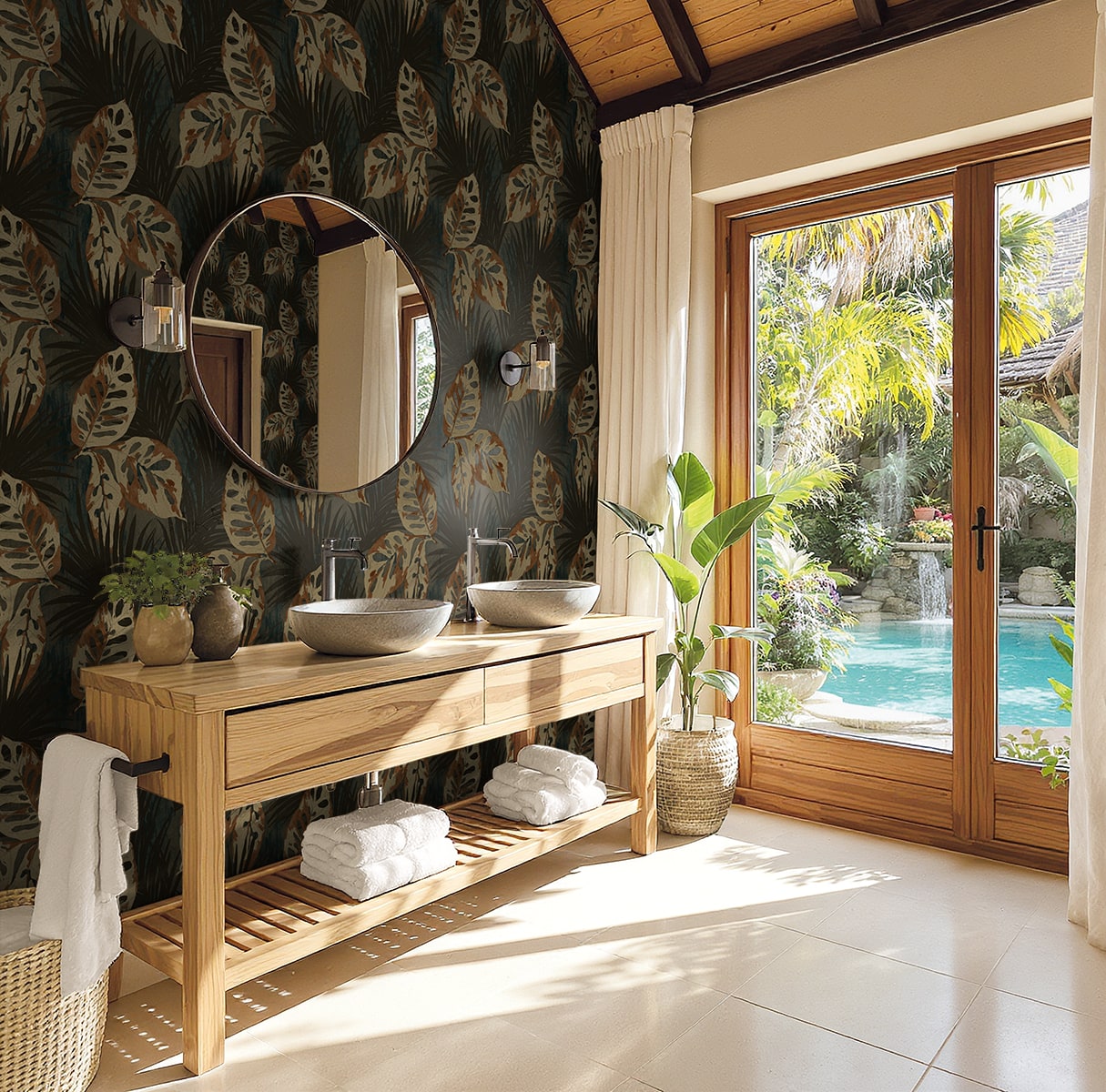 AG60202 Bali Tropical Karma Botanical Unpasted Wallpaper bathroom at Say Decor