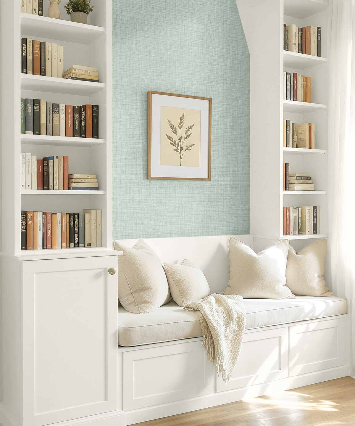 AG61004 Bali Tropical Surya Faux Weave Embossed Vinyl Unpasted Wallpaper Reading Nook at Say Decor