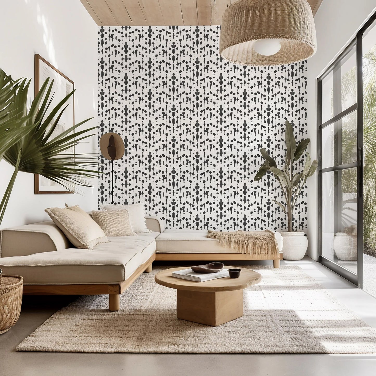 Mitchell Black Boho Rain Abstract Ink Wallpaper Dalmation living room at Say Decor