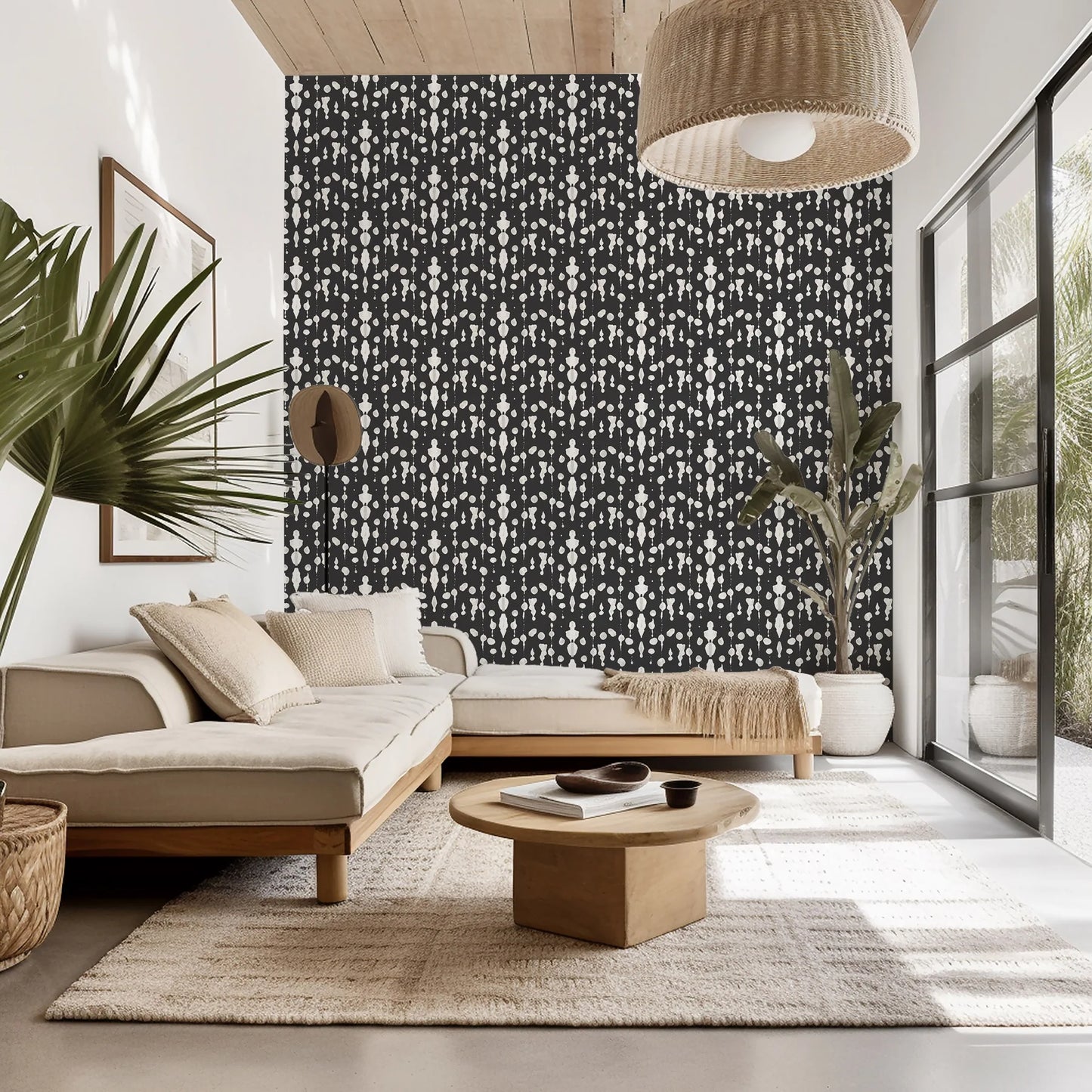 Mitchell Black Boho Rain Abstract Ink Wallpaper Black living room at Say Decor