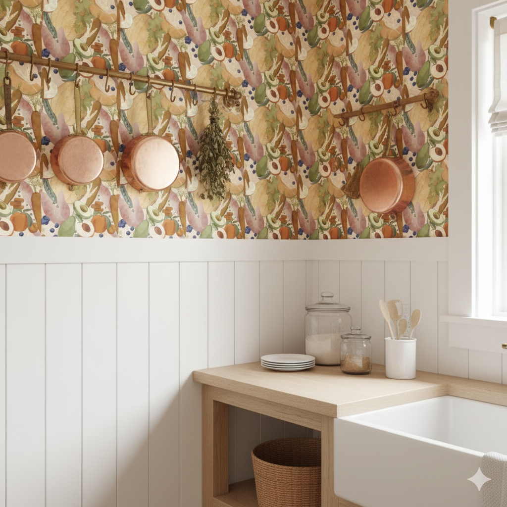 Gusteau Fruit and Vegetable Watercolor Peel and Stick Wallpaper Kitchen from Say Decor