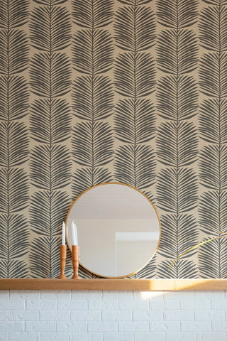 Mitchell Black Betty Palm Leaf Botanical Wallpaper in shade Camel decor at Say Decor