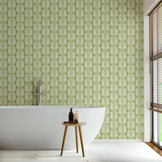 Mitchell Black Betty Palm Leaf Botanical Wallpaper in shade Green bathroom at Say Decor