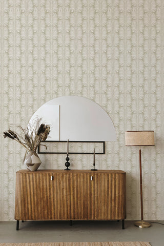 Mitchell Black Betty Palm Leaf Botanical Wallpaper in shade Seagrass entryway at Say Decor